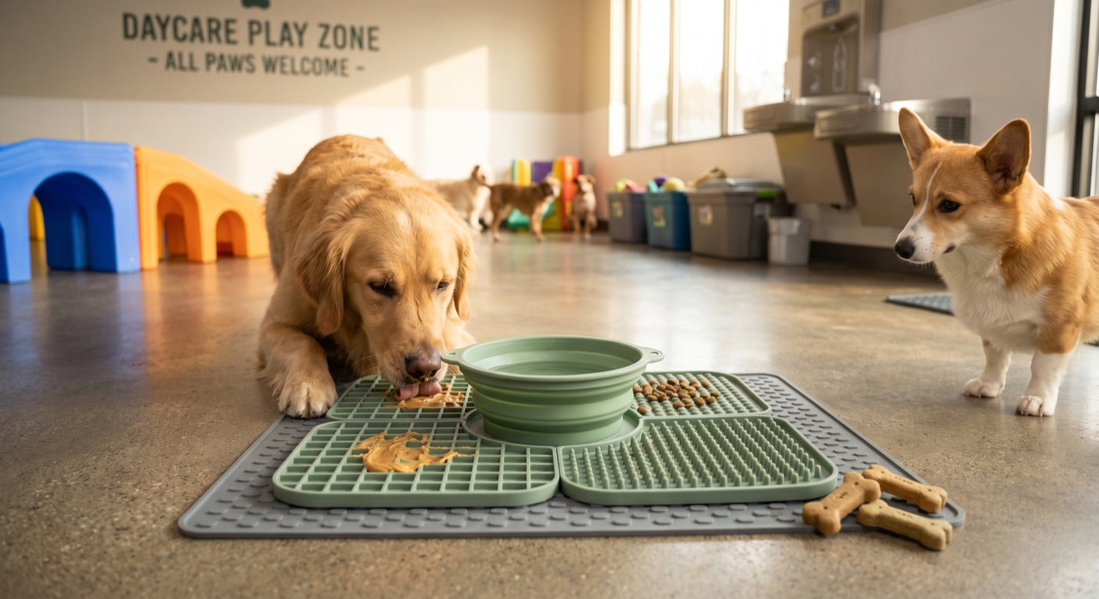 A golden retriever using a Snoot & Snuffle lick mat while a corgi looks on at a dog daycare